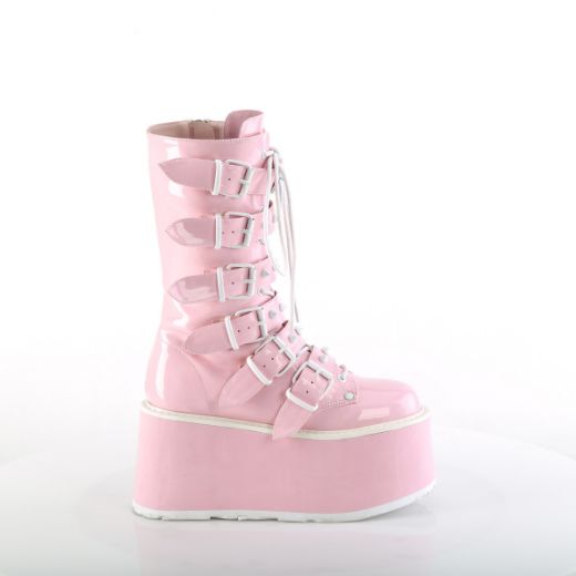 Product image of Demonia DAMNED-225 B. Pink Holo Pat 3 1/2 Inch PF Mid-Calf Boot w/6 BuckleStraps Metal Side Zip