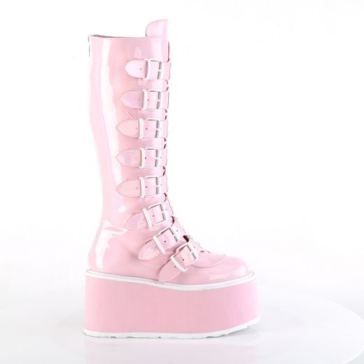 Product image of Demonia DAMNED-318 B. Pink Holo Pat 3 1/2 Inch PF KneeHigh Bootw/8 BuckleStraps Back Metal Zip
