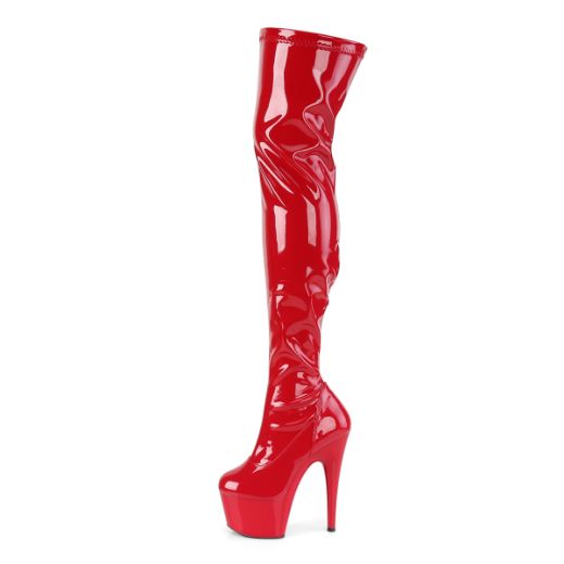 Product image of Pleaser Adore-3000 Red Stretch Patent/Red, 7 inch (17.8 cm) Heel, 2 3/4  inch (7 cm) Platform Thigh High Boot
