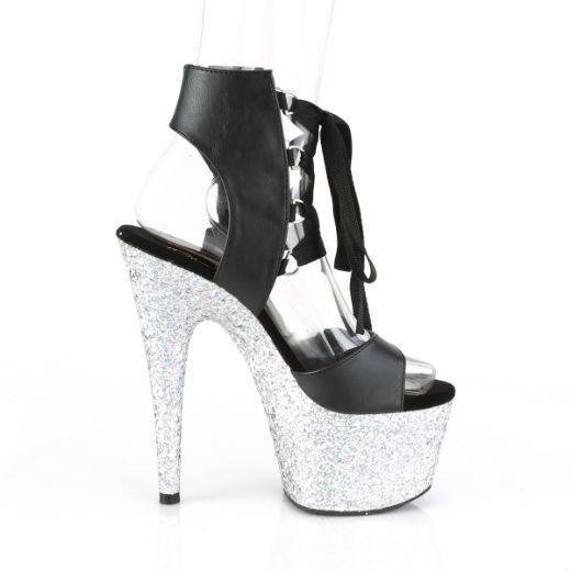 Product image of Pleaser ADORE-700-14LG Black Faux Leather/Silver Multicolour Glitter 7 inch (17.8 cm) Heel 2 3/4 inch (7 cm) Platform Front Lace-Up Sandal Shoes