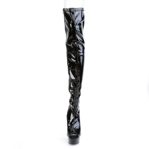 Product image of Pleaser DELIGHT-3011 Black Stretch Patent/Black 6 inch (15.2 cm) Heel 1 3/4 inch (4.5 cm) Platform Peep Toe Thigh High Boot Side Zip