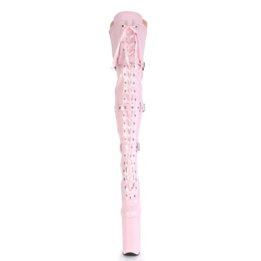 Product image of Pleaser BEYOND-3028 Baby Pink Stretch Patent/Baby Pink 10 inch (25.5 cm) Heel 6 1/4 inch (16 cm) Platform Lace-Up Front Thigh High Boot Side Zip