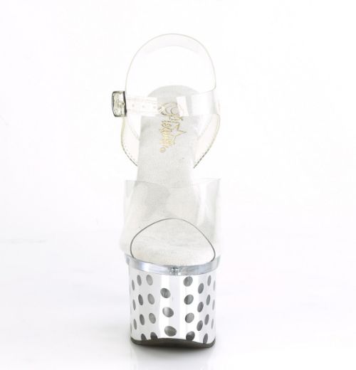 Product image of Pleaser DISCOLITE-708DOTS Clear/Silver Chrome 7 inch (17.8 cm) Heel 3 inch (7.6 cm) Platform Led Illuminated Ankle Strap Sandal