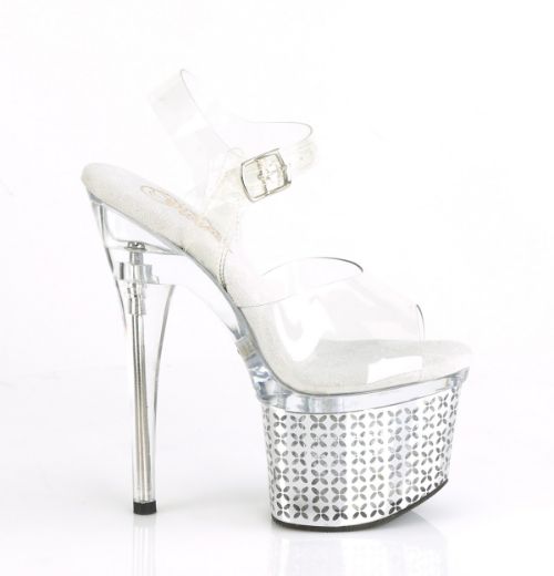 Product image of Pleaser DISCOLITE-708FLP Clear/Silver Chrome 7 inch (17.8 cm) Heel 3 inch (7.6 cm) Platform Led Illuminated Ankle Strap Sandal