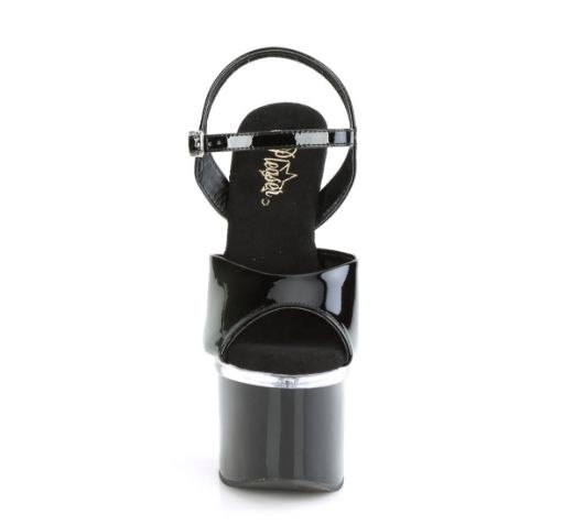 Product image of Pleaser ESTEEM-709 Black Patent/Clear-Black 7 inch (17.8 cm) Heel 3 inch (7.6 cm) Platform Ankle Strap Sandal Shoes