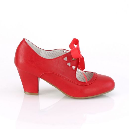 Product image of Pin Up Couture WIGGLE-32 Red Faux Leather 2 1/2 inch (6.5 cm) Cuben Heel Heel Mary Jane Pump With Ribbon Tie Court Pump Shoes