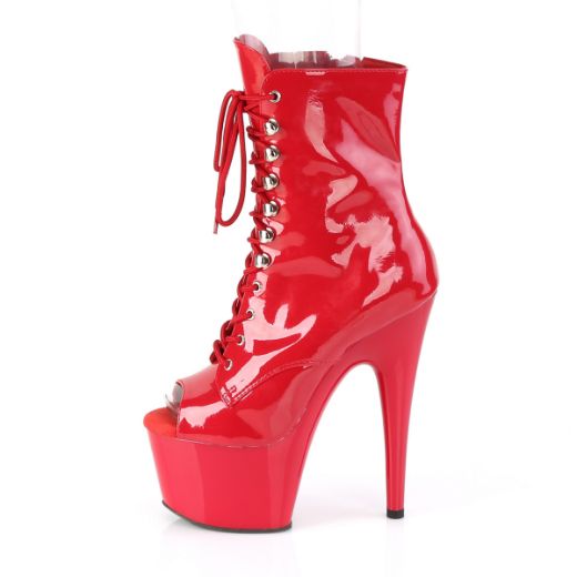 Product image of Pleaser ADORE-1021 Red Patent/Red 7 inch (17.8 cm) Heel 2 3/4 inch (7 cm) Platform Peep Toe Lace-Up Ankle Boot Side Zip