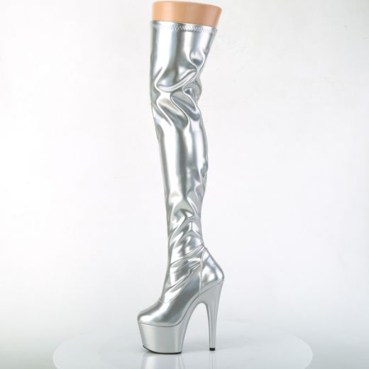 Product image of Pleaser ADORE-3000HWR Silver Stretch Holographic/Silver Holographic 7 inch (17.8 cm) Heel 2 3/4 inch (7 cm) Platform Stretch Thigh Boot Side Zip Thigh High Boot