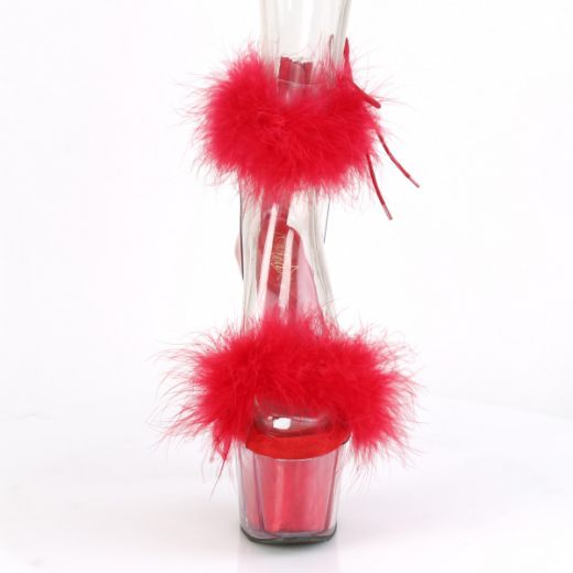 Product image of Pleaser ADORE-724F Clear-Red Faux Fur/Red Faux Fur 7 inch (17.8 cm) Heel 2 3/4 inch (7 cm) Platform Faux Feathers Faux Fur Ankle Cuff Sandal Back Zip