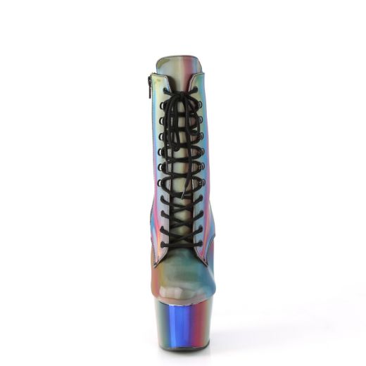 Product image of Pleaser ADORE-1020RC-REFL Rainbow Reflective/Rainbow Chrome 7 inch (17.8 cm) Heel 2 3/4 inch (7 cm) Chromed Platform Lace-Up Ankle Boot Side Zip