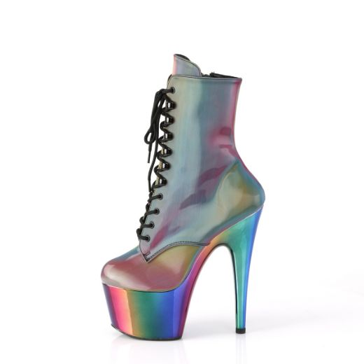 Product image of Pleaser ADORE-1020RC-REFL Rainbow Reflective/Rainbow Chrome 7 inch (17.8 cm) Heel 2 3/4 inch (7 cm) Chromed Platform Lace-Up Ankle Boot Side Zip