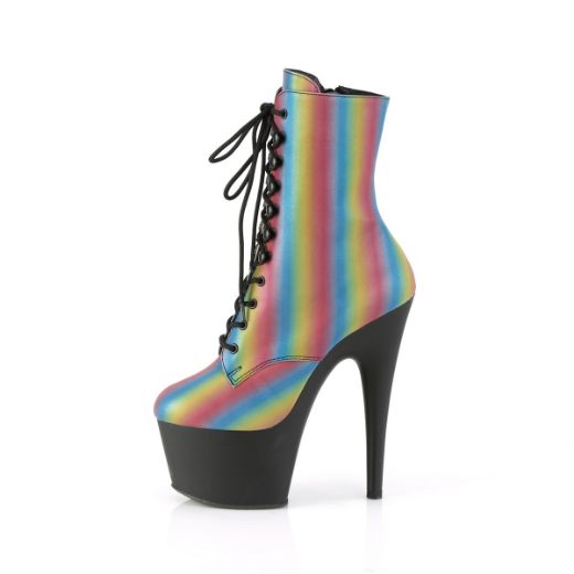 Product image of Pleaser ADORE-1020REFL-02 Rainbow Reflective/Black Matte 7 inch (17.8 cm) Heel 2 3/4 inch (7 cm) Platform Lace-Up Front Ankle Boot Side Zip