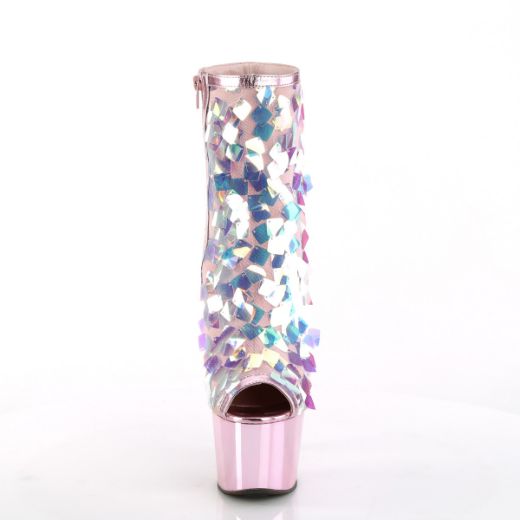 Product image of Pleaser ADORE-1031SSQ Iri.Multicolour Sequins-B.Pink Metallic Polyurethane (Pu)/B.Pink Chrome 7 inch (17.8 cm) Heel 2 3/4 inch (7 cm) Platform Open Toe Ankle Boot Side Zip