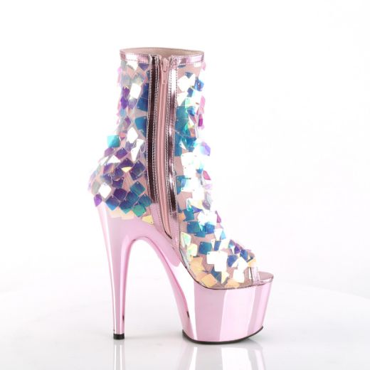 Product image of Pleaser ADORE-1031SSQ Iri.Multicolour Sequins-B.Pink Metallic Polyurethane (Pu)/B.Pink Chrome 7 inch (17.8 cm) Heel 2 3/4 inch (7 cm) Platform Open Toe Ankle Boot Side Zip