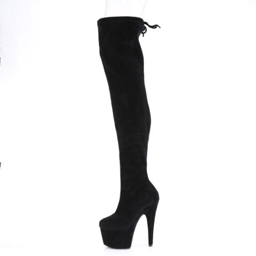 Product image of Pleaser ADORE-3008 Black Stretch Faux Suede/Black Faux Suede 7 inch (17.8 cm) Heel 2 3/4 inch (7 cm) Platform Stretch Pull-On Thigh High Boot