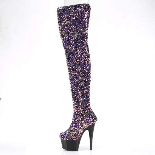 Product image of Pleaser ADORE-3020 Purple Multicolour Sequins/Black 7 inch (17.8 cm) Heel 2 3/4 inch (7 cm) Platform Sequins Thigh High Boot Inside Zip
