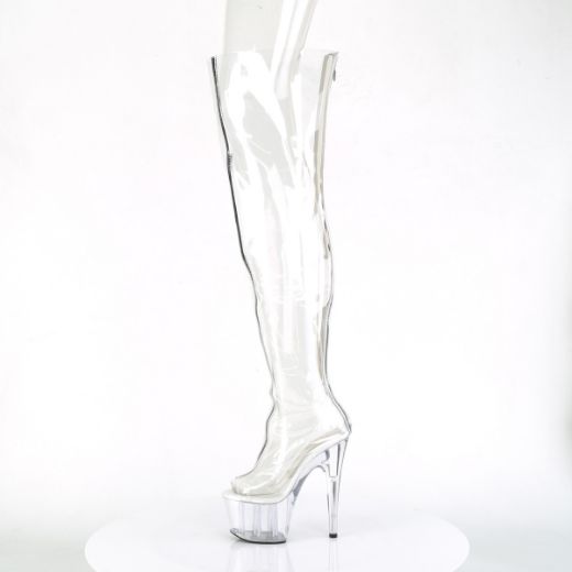 Product image of Pleaser ADORE-3021 Clear Polyurethane (Pu)-Silver Metallic/Clear 7 inch (17.8 cm) Heel 2 3/4 inch (7 cm) Platform Open Toe Thigh High Boot Back Zip