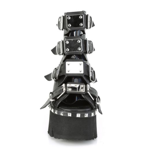 Product image of Demonia ASHES-70 Black V Faux Leather & Holographic 3 1/2 inch (9 cm) Chunky Heel 2 1/4 inch Platform Ankle Boot Back Metal Zip