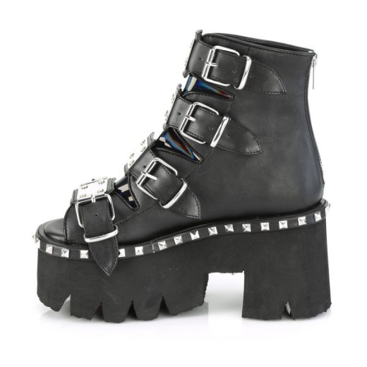 Product image of Demonia ASHES-70 Black V Faux Leather & Holographic 3 1/2 inch (9 cm) Chunky Heel 2 1/4 inch Platform Ankle Boot Back Metal Zip