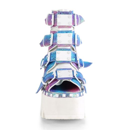 Product image of Demonia ASHES-70 Purple Multicolour Iridescent V Faux Leather 3 1/2 inch (9 cm) Chunky Heel 2 1/4 inch Platform Ankle Boot Back Metal Zip