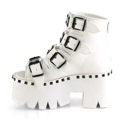 Product image of Demonia ASHES-70 White Vegan Faux Leather 3 1/2 inch (90 cm) Chunky Heel 2 1/4 inch Platform Ankle Boot Back Metal Zip