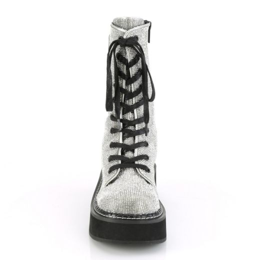 Product image of Demonia EMILY-362 Silver Vegan Faux Leather-Rhinstone 2 inch Platform Calf High Lace-Up Boot With  Zip Pocket Metal Side Zip