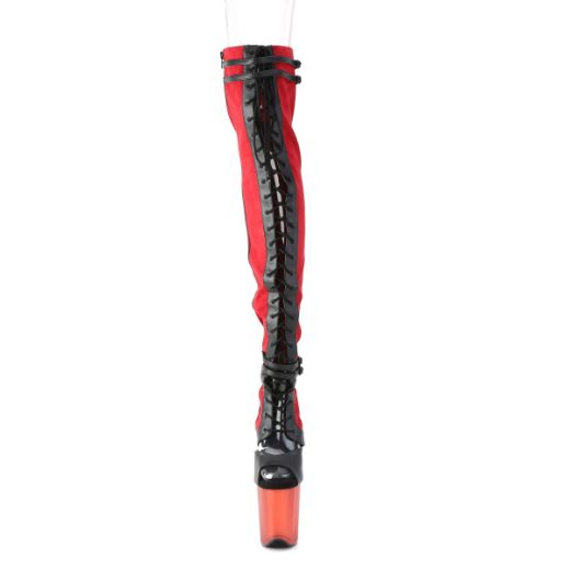 Product image of Pleaser FLAMINGO-3027 Red Faux Suede-Black Faux Leather/Frosted Red 8 inch (20 cm) Heel 4 inch (10 cm) Platform Lace-Up Front Thigh Side Zip