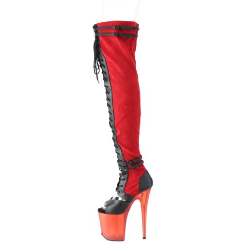 Product image of Pleaser FLAMINGO-3027 Red Faux Suede-Black Faux Leather/Frosted Red 8 inch (20 cm) Heel 4 inch (10 cm) Platform Lace-Up Front Thigh Side Zip