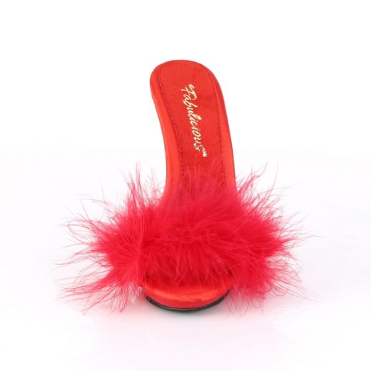 Product image of Fabulicious POISE-501F Red Satin-Faux Feathers Faux Fur/Red 5 inch (12.7 cm) Heel 3/8 inch (1 cm) Platform Faux Feathers Slide Sandal Shoes