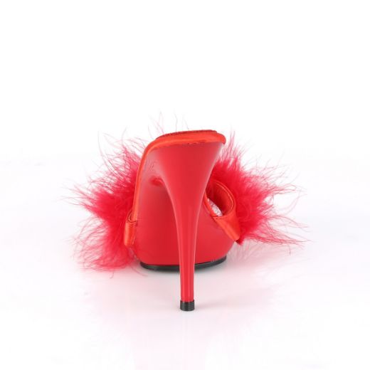 Product image of Fabulicious POISE-501F Red Satin-Faux Feathers Faux Fur/Red 5 inch (12.7 cm) Heel 3/8 inch (1 cm) Platform Faux Feathers Slide Sandal Shoes