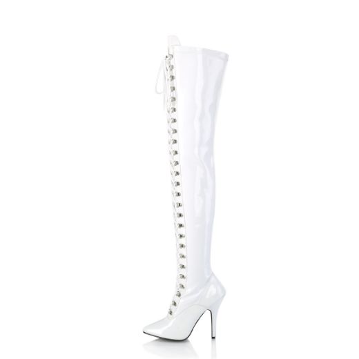 Product image of Pleaser SEDUCE-3024 White Patent 5 inch (12.7 cm) Heel D-Ring Stretch Thigh Boot Side Zip Thigh High Boot