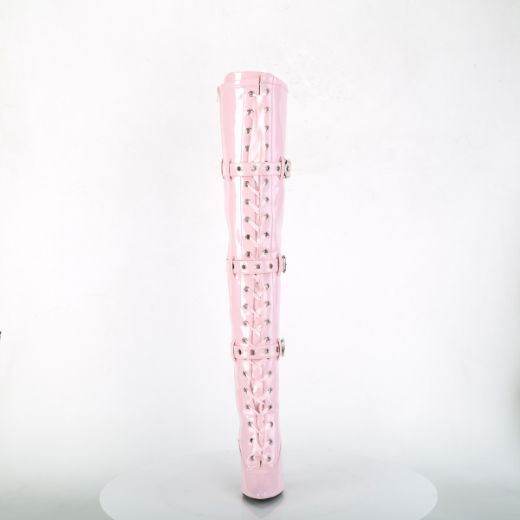 Product image of Pleaser SEDUCE-3028 Baby Pink Stretch Patent 5 inch (12.7 cm) Heel Lace-Up Triple Buckles Straps Thigh Boot Side Zip Thigh High Boot