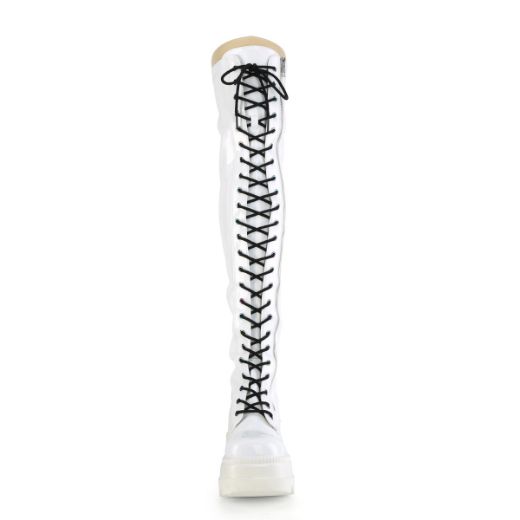 Product image of Demonia SHAKER-374 White Holographic Stretch Patent 4 1/2 inch Wedge Platform Lace-Up Thigh-High Boot Outside Zip