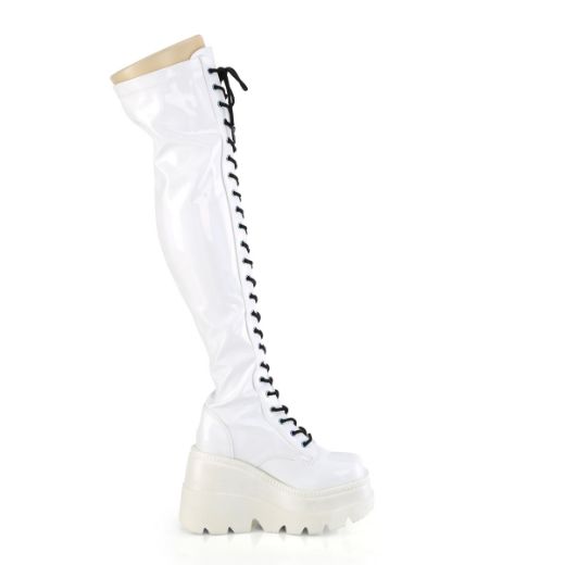 Product image of Demonia SHAKER-374 White Holographic Stretch Patent 4 1/2 inch Wedge Platform Lace-Up Thigh-High Boot Outside Zip