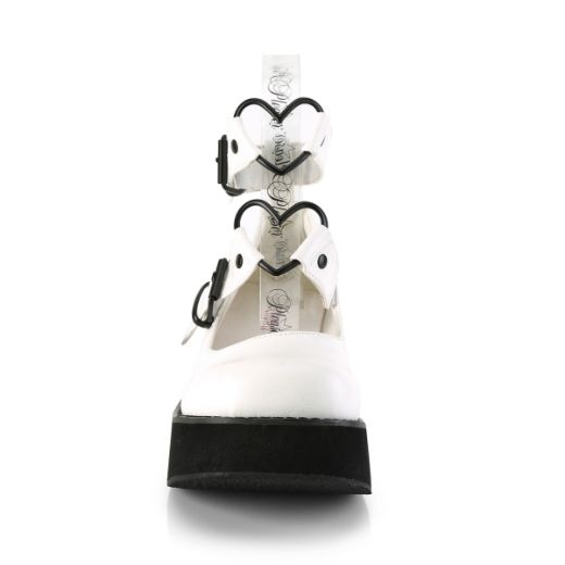 Product image of Demonia SPRITE-02 White Vegan Faux Leather 2 1/4 inch Platform Mary Jane With  Hearts O-Ring & Studs Detail