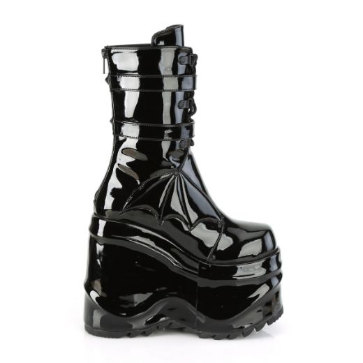 Product image of Demonia WAVE-150 Black Patent 6 inch (15.2 cm) Wedge Platform Lace-Up Mid-Calf Boot Back Metal Zip