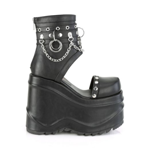 Product image of Demonia WAVE-22 Black Vegan Faux Leather 6 inch (15.2 cm) (152Mm) Wedge Platform Bootie Sandal Back Zip