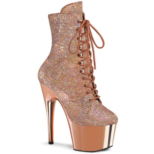 Product image of Pleaser ADORE-1020HM Rose Gold Holo Metallic Pu/Rose Gold Chrome 7 Inch Heel 2 3/4 Inch PF Lace-Up Front Ankle Boot Side ZIp