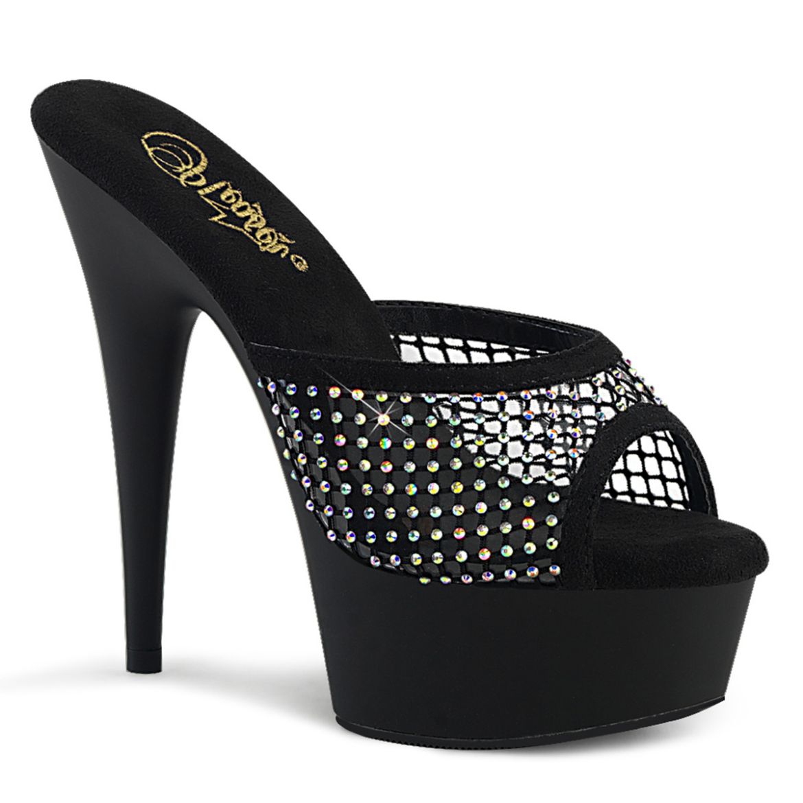 Product image of Pleaser DELIGHT-601-6RM Blk Faux Suede-RS Mesh/Blk Matte 6 Inch Heel 1 3/4 Inch PF Rhinestone Mesh Slide