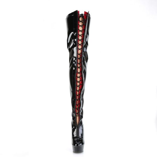 Product image of Pleaser DELIGHT-3027 Blk-Red Str. Pat/Blk 6 Inch Heel 1 3/4 Inch PF Two Tone Thigh High Boot Front Zip