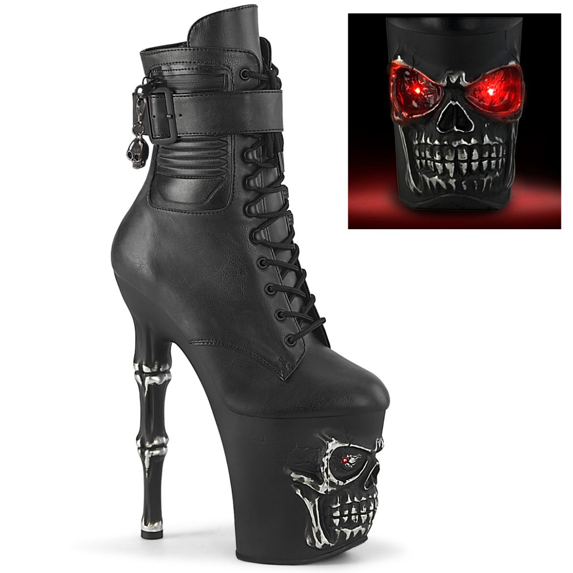 Product image of Pleaser RAPTURE-1020STR-LT Blk Faux Leather/Blk Matte-Rubbed Slv 8 Inch Finger Bone Heel 4 Inch Skull PF LED Ankle Boot Side Zip