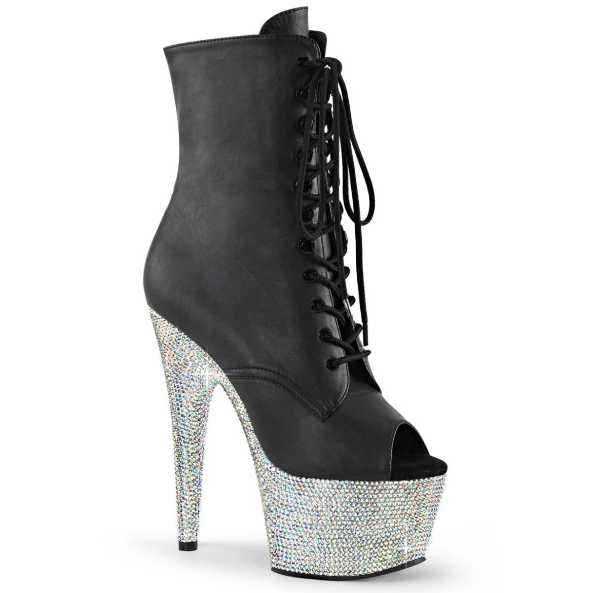 Product image of Pleaser BEJEWELED-1021-7 Blk Faux Leather/Slv AB RS 7 Inch Heel 2 3/4 Inch PF Peep Toe Ankle Boot w/RS Side Zip