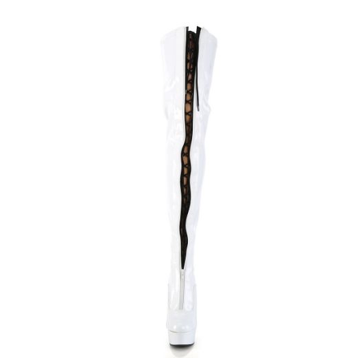 Product image of Pleaser DELIGHT-3027 Wht-Blk Str. Pat/Wht 6 Inch Heel 1 3/4 Inch PF Two Tone Thigh High Boot Front Zip
