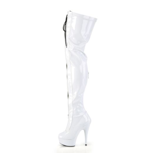 Product image of Pleaser DELIGHT-3027 Wht-Blk Str. Pat/Wht 6 Inch Heel 1 3/4 Inch PF Two Tone Thigh High Boot Front Zip