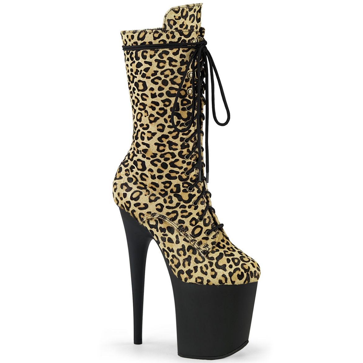 Product image of Pleaser FLAMINGO-1050LP Leopard Print Pony Hair/Blk Matte 8 Inch Heel 4 Inch PF Lace-Up Front Mid Calf Boot Side Zip