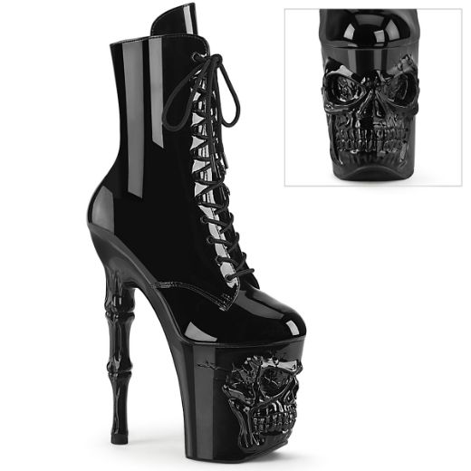 Product image of Pleaser RAPTURE-1020 Blk Pat/Blk 8 Inch Finger Bone Heel 4 Inch Skull PF Ankle Boot Inside Zip