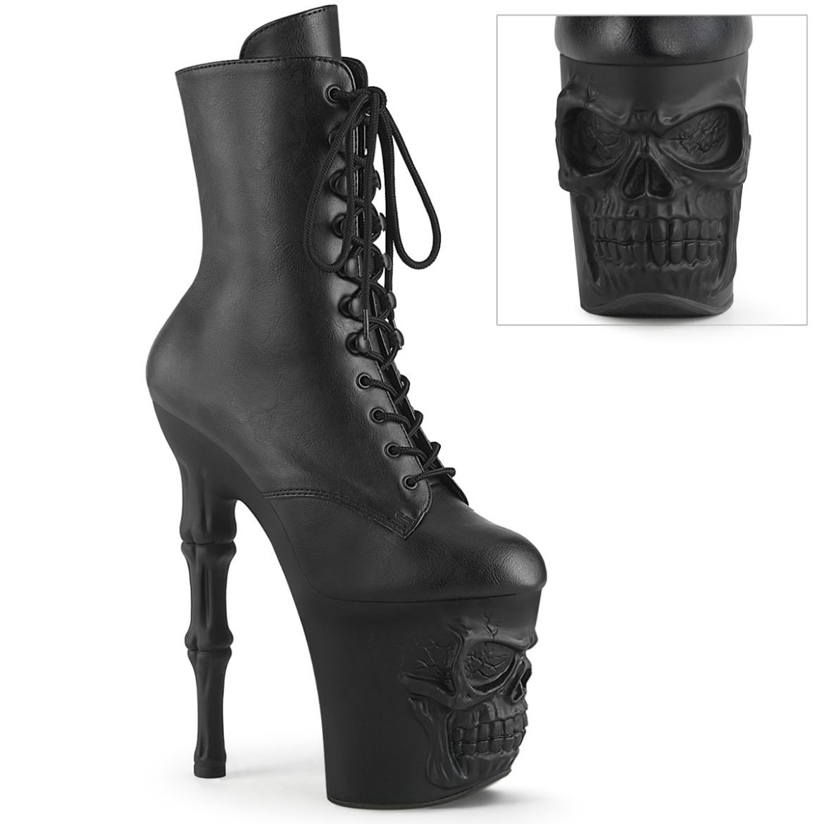 Product image of Pleaser RAPTURE-1020 Blk Faux Leather/Blk Matte 8 Inch Finger Bone Heel 4 Inch Skull PF Ankle Boot Inside Zip