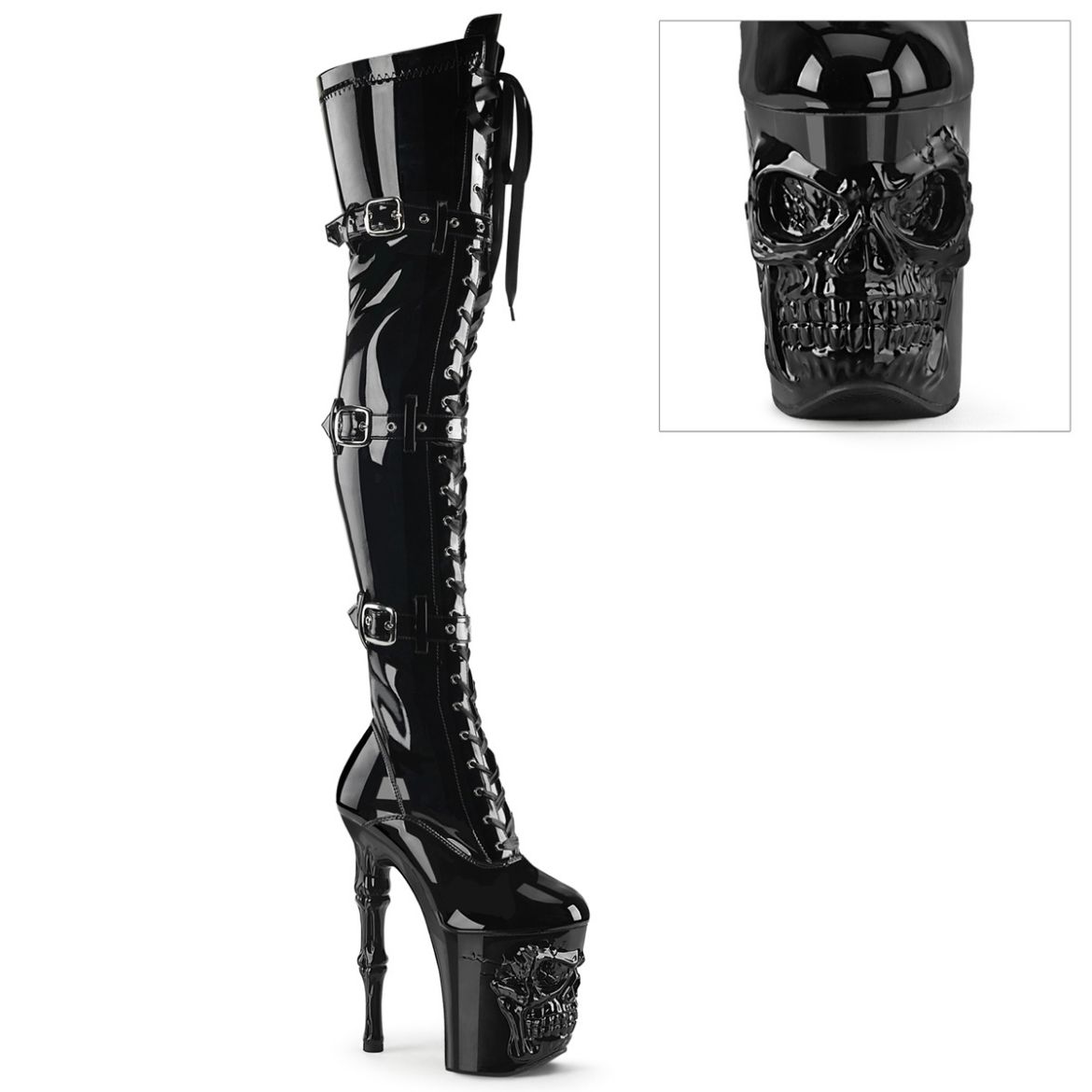 Product image of Pleaser RAPTURE-3028 Blk Str. Pat/Blk 8 Inch Finger Bone Heel 4 Inch Skull PF Thigh Boot Inside Zip