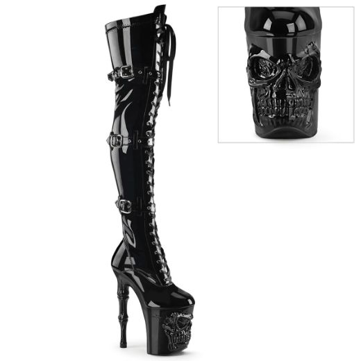 Product image of Pleaser RAPTURE-3028 Blk Str. Pat/Blk 8 Inch Finger Bone Heel 4 Inch Skull PF Thigh Boot Inside Zip