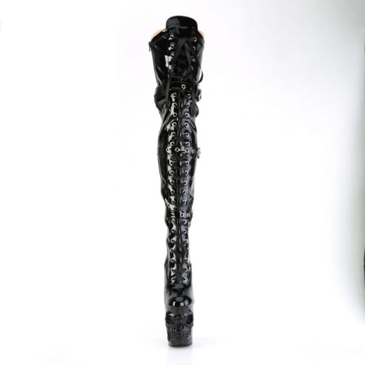 Product image of Pleaser RAPTURE-3028 Blk Str. Pat/Blk 8 Inch Finger Bone Heel 4 Inch Skull PF Thigh Boot Inside Zip